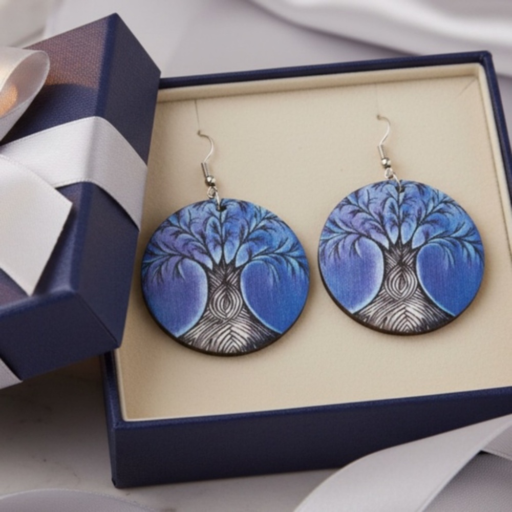 Wood Blue Round Earrings - Picture 6 of 6